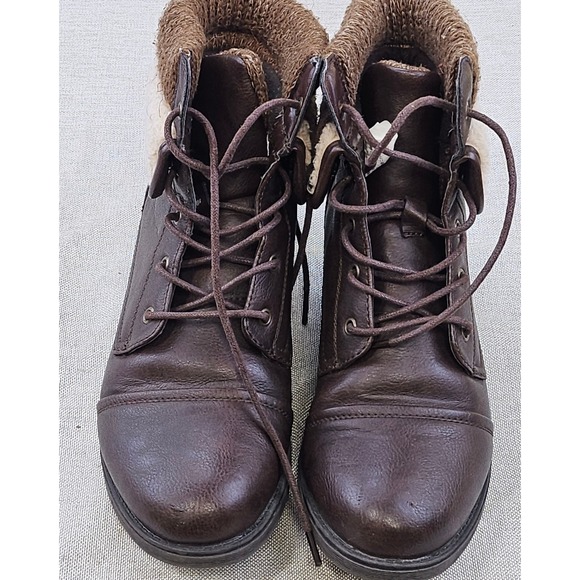 Womens Brown Faux Leather Lace Up Combat Boots w Faux Lambs Wool Knit Size 9 - Picture 1 of 7